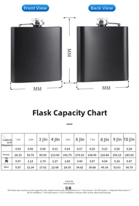 Size chart showing 8oz stainless steel hip flask dimensions and capacity conversion table