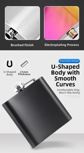 Close-up of 8oz black U-shaped stainless steel flask showing brushed and plating details