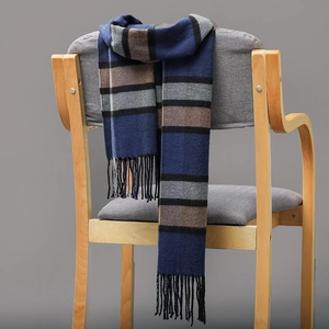 Detailaufnahme des blau-grau gestreiften Karoschals mit eleganten langen Fransen