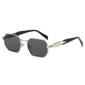Vintage polygonal silver metal sunglasses with retro small octagonal frame and dark lenses