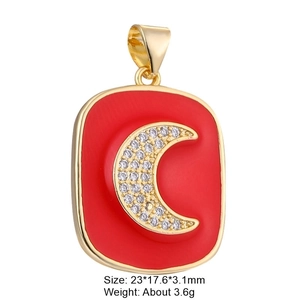 Detailed view of gold-plated red enamel tarot pendant with micro-set zircon crescent moon