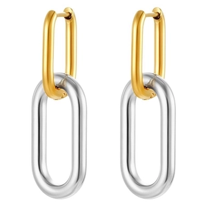 Modern two-tone U-shape oval chain link earrings with polished gold and silver plating