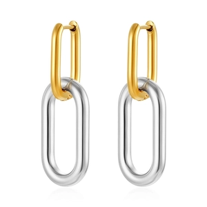 Detail of two-tone interlocking oval link earrings in polished gold and silver steel