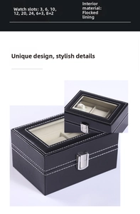 Details der Uhrenbox aus PU-Leder mit Sichtfenster und weißen Ziernähten