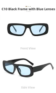 Détail macro de lunettes de soleil rétro rectangulaires avec monture noire et verres bleus