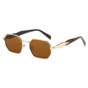 Vintage octagonal metal sunglasses with gold frame, brown lenses and tortoiseshell arms
