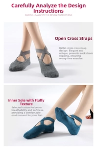 Detail of yoga socks with criss-cross straps, thick terry lining and anti-slip dots