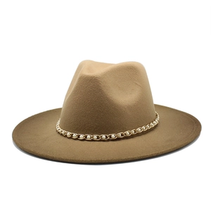 Classic camel wool fedora hat with elegant gold chain and pearl embellishments