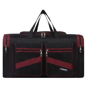 Close-up of black travel bag with red woven texture trim and durable oxford fabric details