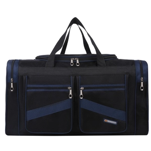Foldable large capacity black travel duffel bag with blue zipper accents and dual handles