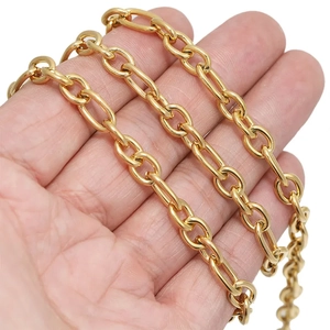 Golden stainless steel Figaro chain with alternating links held to show size and luster