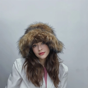 Brown faux raccoon fur plush hat for women in winter, punk style warm fluffy headwear