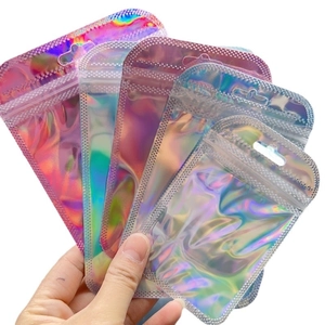 Holographic laser ziplock bags in rainbow colors with hanging hole and resealable seal