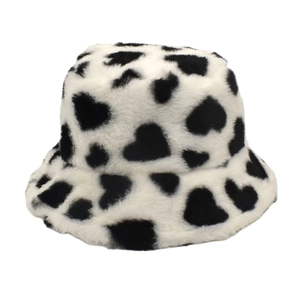 White plush bucket hat with black heart pattern for women's winter warmth and style
