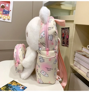 Detail showing the side view of white plush bunny backpack with a round coin purse