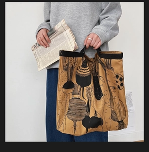 Minimalist canvas tote bag with black vegetable print and large capacity shopping style