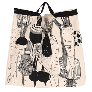 Minimalist beige canvas tote bag with black root vegetable print and durable handles