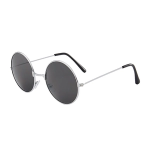 Detail view of retro round sunglasses with silver metal frame and dark black lenses