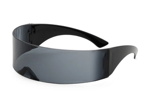 Close-up of black futuristic cyberpunk visor sunglasses with sleek wrap-around design