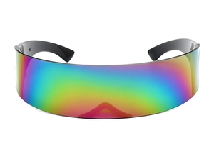 Close-up of cyberpunk visor sunglasses with colorful rainbow mirror lens and black frame