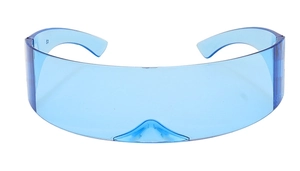 Detail shot of the futuristic blue visor sunglasses with CE mark and sleek resin frame