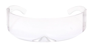 Close-up of clear futuristic visor glasses with transparent frame and wraparound design