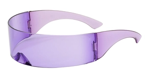 Close-up of futuristic purple transparent wrap-around visor sunglasses in cyber style