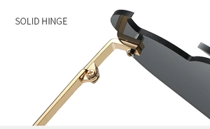 Macro detail of rimless sunglasses showing a solid gold metal hinge and grey lens