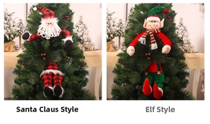 Detail of plush Santa and Elf tree huggers with plaid patterns and festive knits