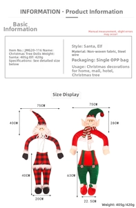 Size chart for Santa and Elf tree toppers showing measurements and fabric materials