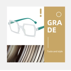 Detail of square reading glasses with frosted white frames and teal green arms