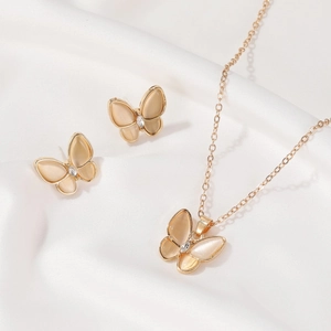 Elegante Set Di Gioielli In Lega A Farfalla Per Donna Con Collana In Pietra Occhio Di Gatto E Orecchini Abbinati Gioielli Di Moda Placcati In Oro