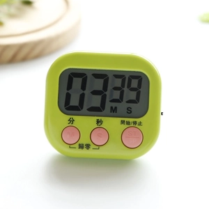 Green digital kitchen timer with pink buttons and clear LCD screen display