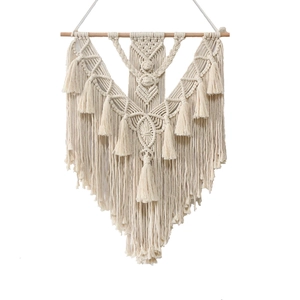 Bohemian cream white macrame wall hanging with handmade cotton rope weaving and tassels