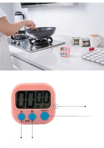 Pink kitchen timer with large LCD display and blue buttons for cooking or studying