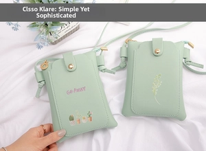 Close-up of mint green faux leather phone bags with cactus prints and metal ring zippers