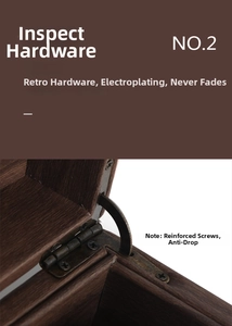 Macro view of electroplated retro metal hinges and reinforced screws on wooden watch box