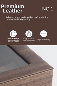 Detail of durable wood grain leather watch box texture and fine stitching