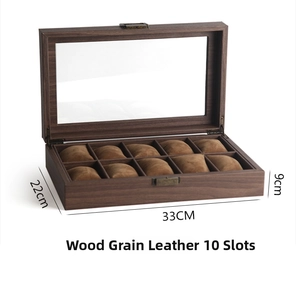Detail view of 10-slot walnut wood grain watch box with interior cushions and dimensions