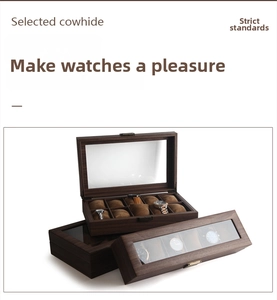 Detail view of walnut wood watch box with clear glass top and premium cowhide watch pillows