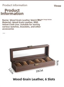 Detailed macro view of 6-slot wooden pattern watch display box with 3D dimensions