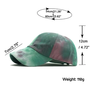 Tie-dye cotton baseball cap dimensions showing 54-60cm circumference and 7cm brim size