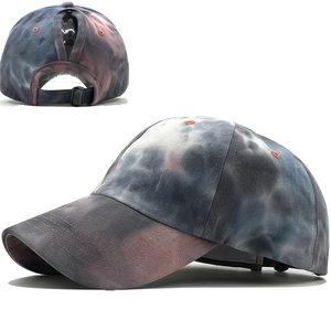 Tie Dye Cotton Baseball Cap With Ponytail Hole Adjustable Metal Buckle Sun Protection Outdoor Casual Sport Hat For Women