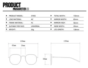 Detailed size chart for oversized square sunglasses with PC frame and AC lens dimensions