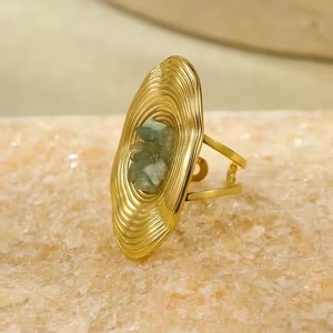 Vintage gold stainless steel oval ring with green natural stones on crystal base