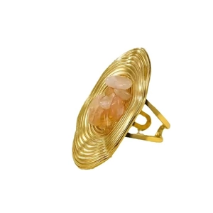 Gold stainless steel oval ring with pink gemstones and adjustable open band design