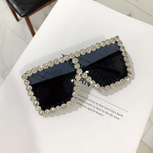 Oversized square frame sunglasses with luxury crystal rhinestones and dark lenses