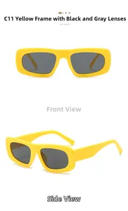 Détails des lunettes de soleil rectangulaires jaunes avec verres gris foncé, modèle C11