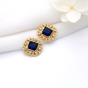 14K gold plated copper stud earrings with square blue gemstone and cubic zirconia