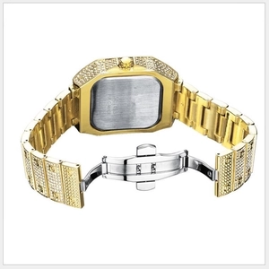 Luxury gold quartz business watch with Roman numerals and full crystal stones on back band